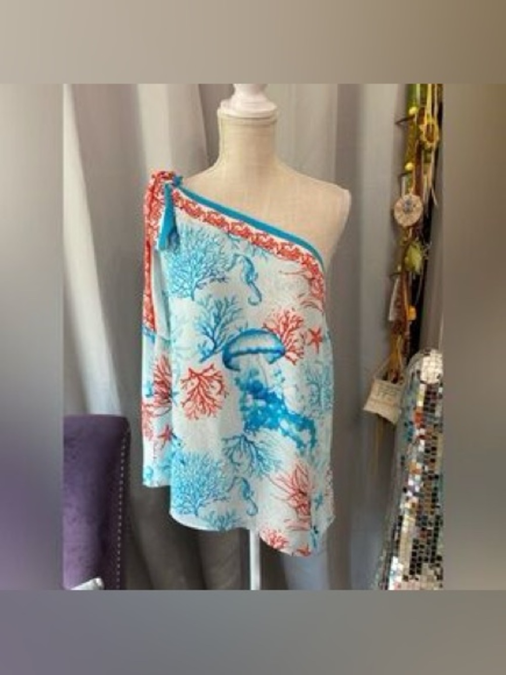 WHBM Ocean Print One Shoulder Top Large Vacation Cruise Resort Wear Aqua Coral - Picture 3 of 3
